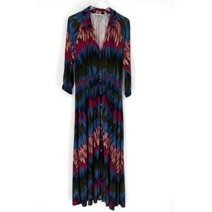 Soft Surroundings Dress‎ Womens M Maxi Long Sleeve Feather Colorful Tropical
